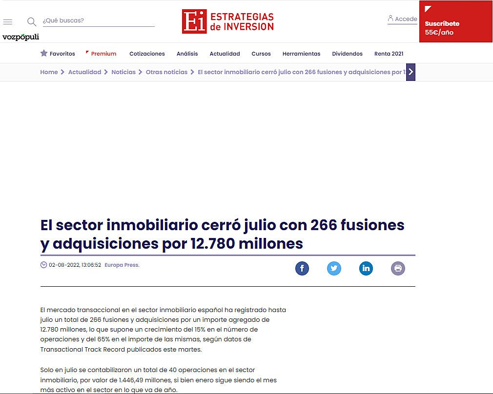 El sector inmobiliario cerr julio con 266 fusiones y adquisiciones por 12.780 millones